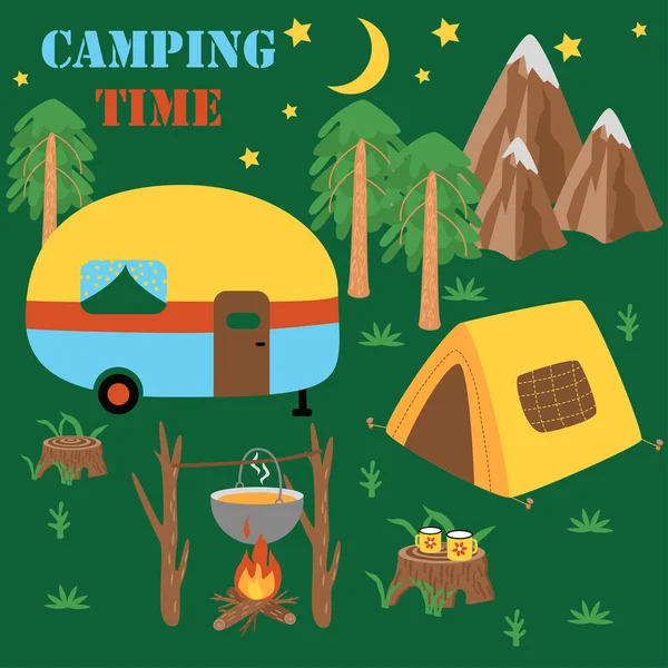 Camping Tijd Poster Met Tent Aanhangwagen Vector Illustratie Eps — Stockvector