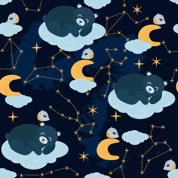 Seamless Pattern Sleeping Bear Starry Sky Background Vector Illustration Eps — Stock Vector