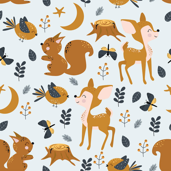 seamless pattern with baby deer bird squirrel - vector illustration, eps