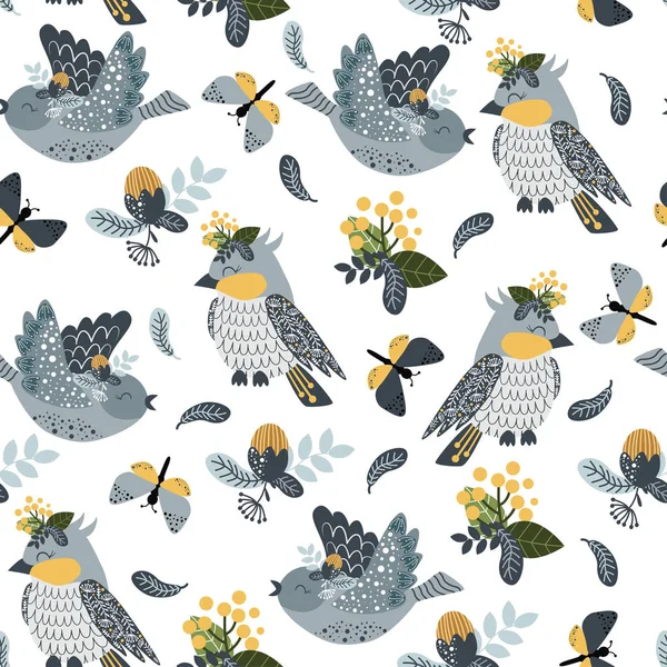 灰色の鳥や花とシームレスなパターン ベクトルイラスト Eps — ストックベクタ
