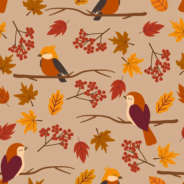 Patrón Sin Costura Otoño Con Hojas Aves Ilustración Vectorial Eps — Vector de stock