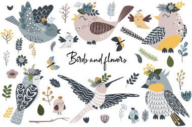 izole kuş ve çiçek kümesi - vektör illüstrasyon, eps