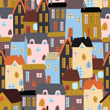 renkli evler ile dikişsiz desen - vektör illüstrasyon, eps