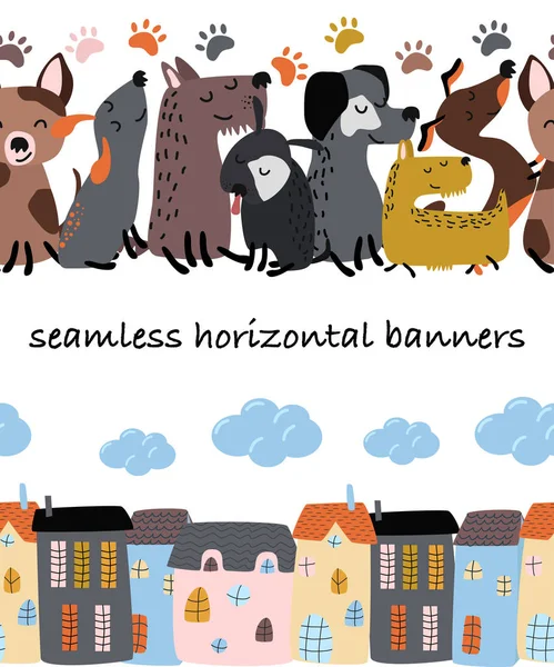 Pancartas Horizontales Sin Costura Con Perros Casas Ilustración Vectorial Eps — Vector de stock