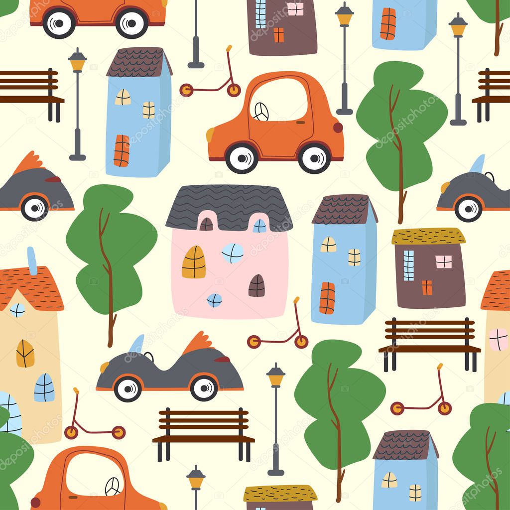 seamless pattern with city houses and transport - vector illustration, eps