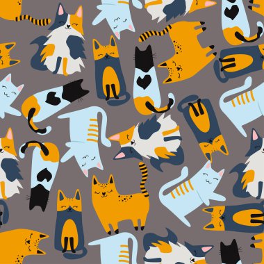 gri bir arka plan üzerinde farklı kediler ile sorunsuz desen - vektör illüstrasyon, eps