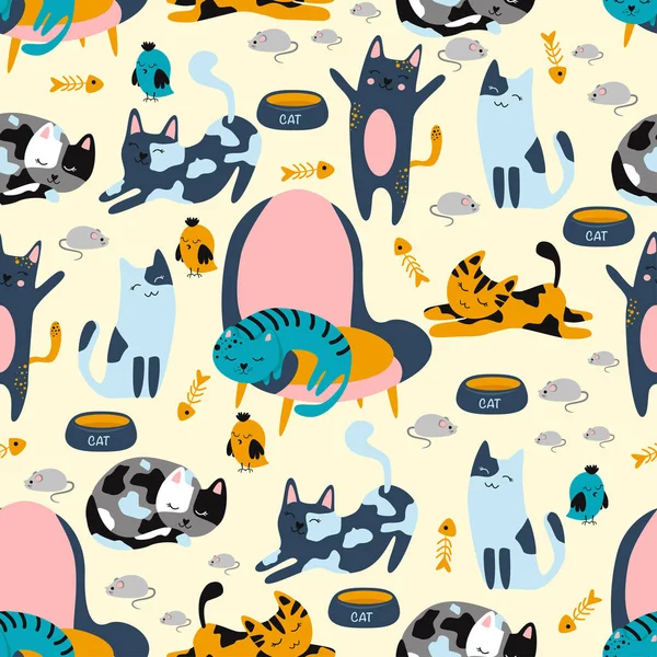Seamless Pattern Cats Chairs Mice Floor Vector Illustration Eps — Stock Vector