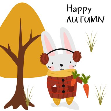beyaz bir arka plan üzerinde tavşan ile poster mutlu sonbahar - vektör illüstrasyon, eps