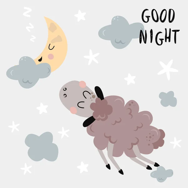 Cartel Buenas Noches Con Cordero Luna Ilustración Vectorial Eps — Vector de stock