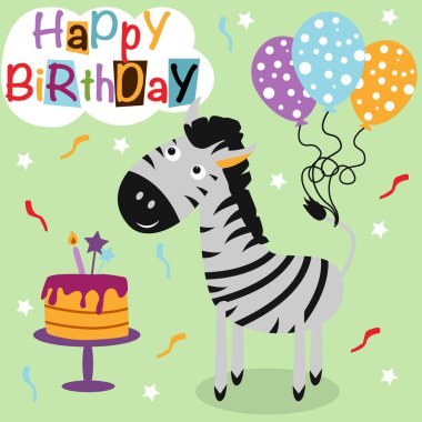 Zebra ile Happy Birthday posteri - vektör illüstrasyon, eps