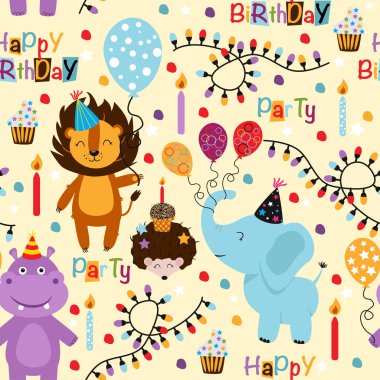 fil su aygırı aslan Happy Birthday ile dikişsiz desen - vektör illüstrasyon, eps