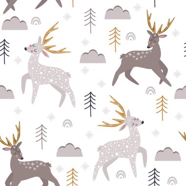 Beyaz zemin üzerinde noel geyikleri olan kusursuz desen - vektör illüstrasyonu, eps