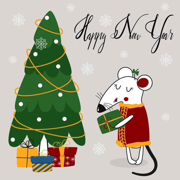 Happy New Year Poster Rat Christmas Tree Vector Illustration Eps — Stock Vector