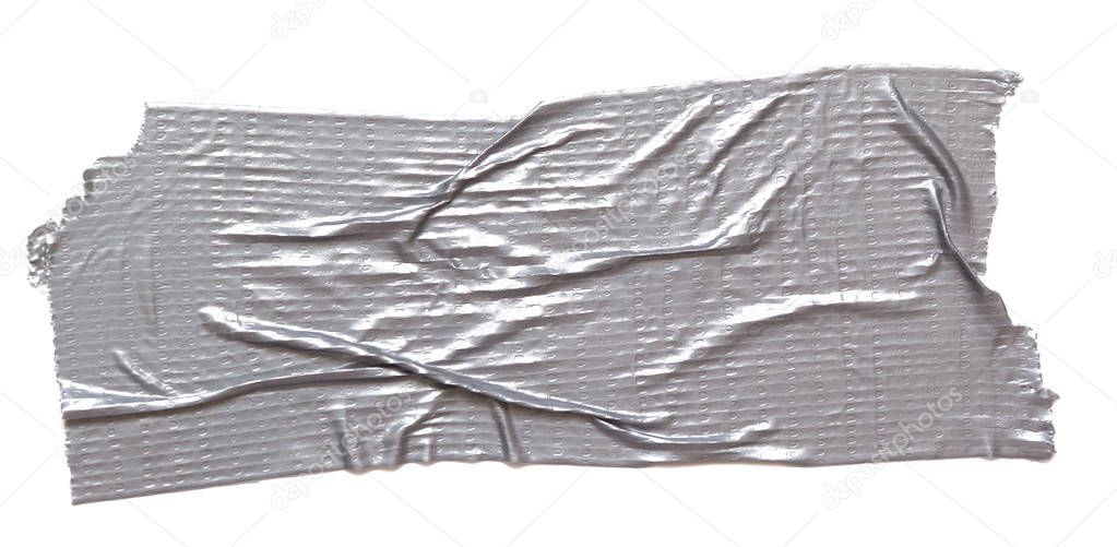 Silver adhesive duct tape piece torn, isolated on white background, closeup