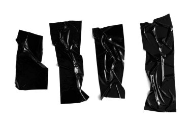 Beyaz arka planda izole farklı siyah Scotch yapışkan yapışkan bantlar ayarlayın. Yırtık kırılan seloteyp parçaları koleksiyonu.