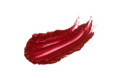 Ruj örneği, smear, beyaz arka planda izole lekeli. Krem makyaj dokusu. Kırmızı kozmetik ürün fırça inme, örnek, tokatlamak