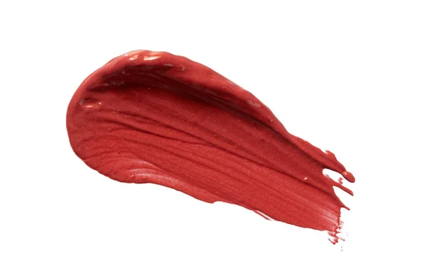 Rode Lipstick Uitstrijkje Smudge Swatch Geïsoleerd Witte Achtergrond Crème Make — Stockfoto