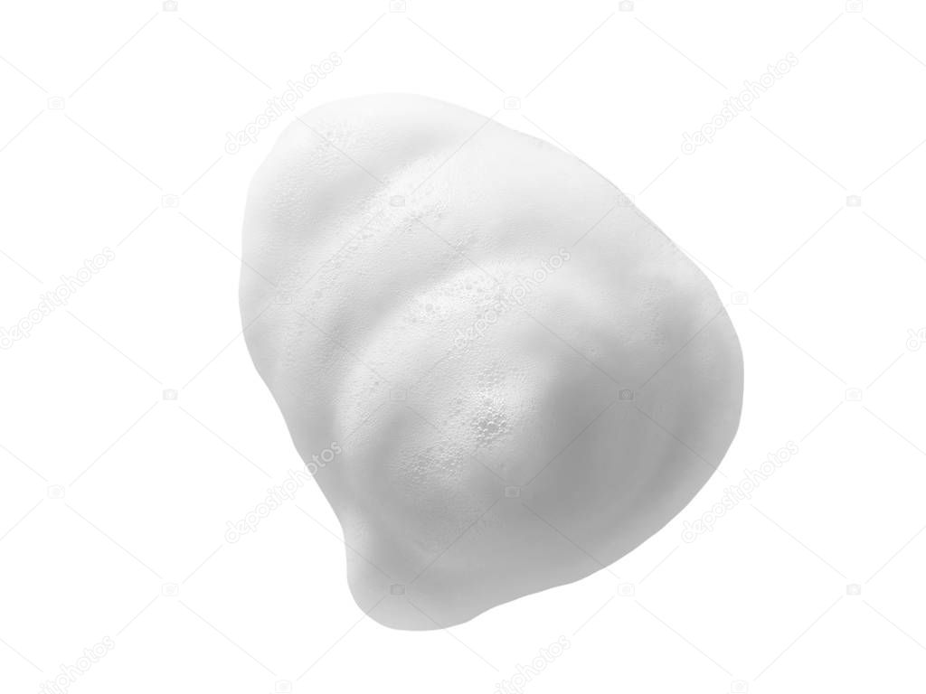 White cleanser foam isolated on white background. Cosmetic soap, cleansing product texture with bubbles. Macro, top view