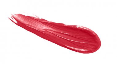 Kırmızı ruj leke leke swatch beyaz arka plan üzerinde izole. Kremsi makyaj dokusu. Parlak renkli kozmetik ürün kontur kaydırma örneği