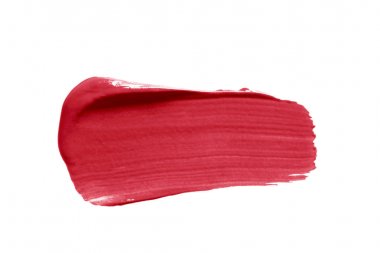 Beyaz arka planda izole ruj leke yayma swatch. Krem makyaj dokusu. Parlak kırmızı renkli kozmetik ürün fırça darbesi kaydırma örneği