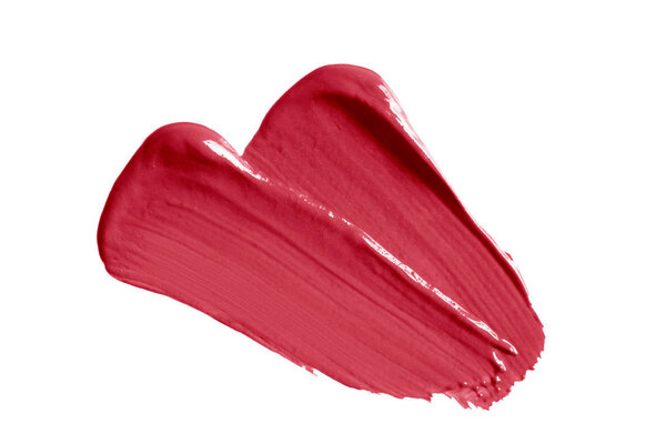 Мазок помады образца пятна изолированы на белом фоне. Крем макияж текстуры. Ярко-красный цвет косметический образец мазка кисти
