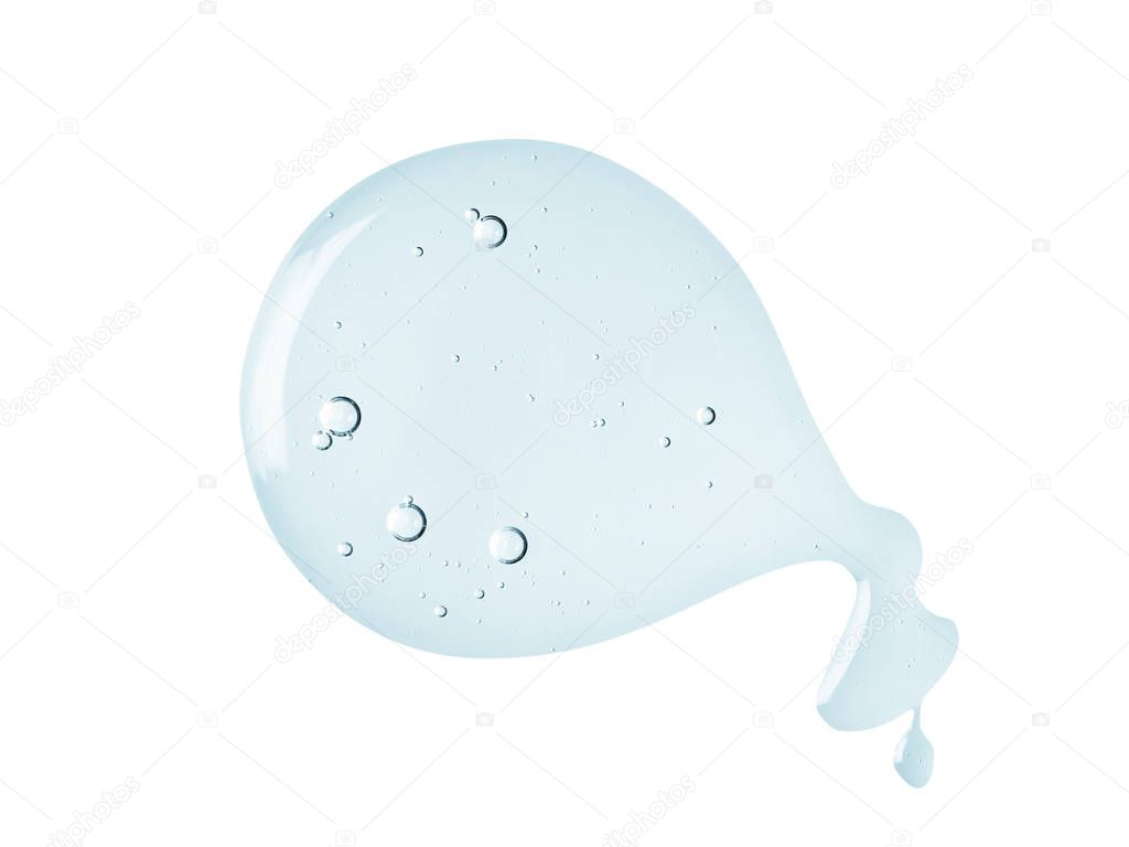 Blue cosmetic gel texture with bubbles. Clear liquid drop isolated on white background