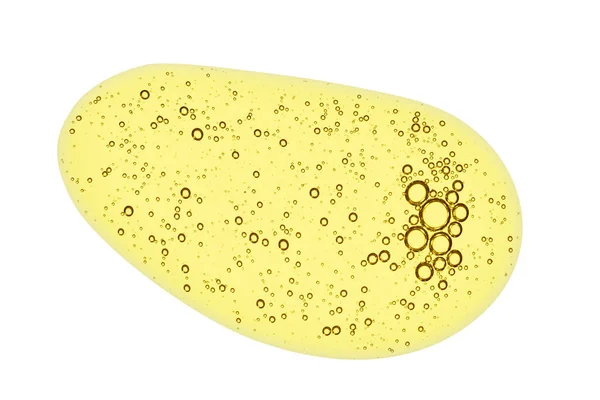 Sıvı jel, beyaz arka planda izole yağ serum doku. Kabarcıklar damla swatch ile sarı renkli kozmetik cilt bakım ürünü