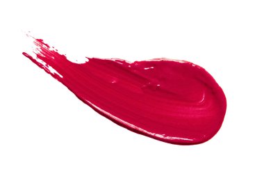 Beyaz arka planda izole ruj lekesi. Krem makyaj dokusu. Kırmızı renk kozmetik ürün fırça darbesi kaydırma örneği