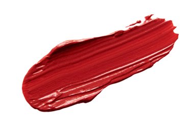 Beyaz arka planda izole ruj lekesi. Krem doku makyaj. Parlak kırmızı renkli kozmetik ürün fırça darbesi kaydırma örneği