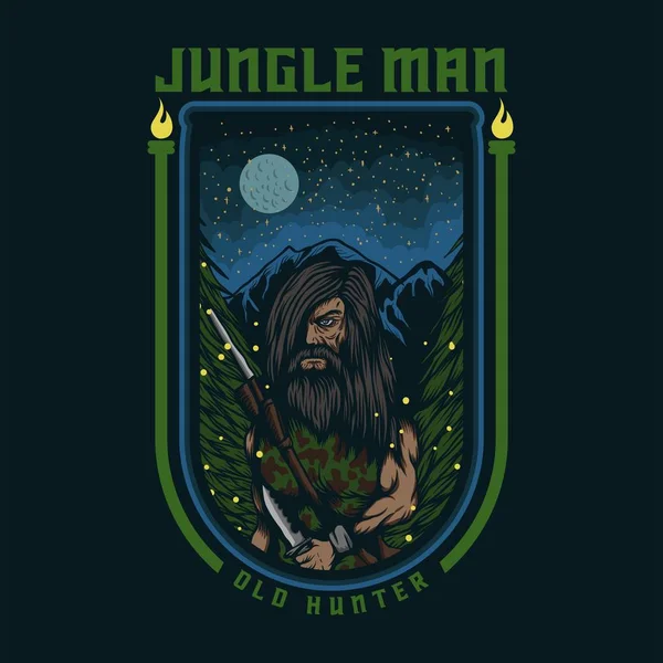 Jungle Man Stary Hunter Wektor Ilustracja Odznaka Dla Twojej Firmy — Wektor stockowy