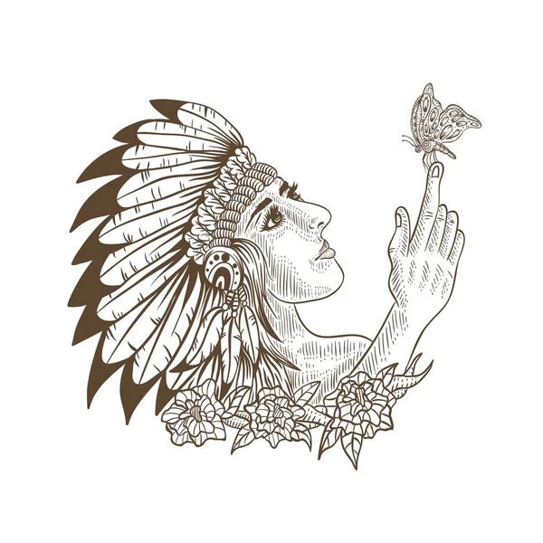Fille Américaine Native Papillon Dessiné Main Pour Votre Entreprise Marque — Image vectorielle