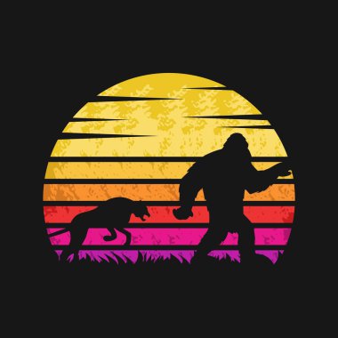şirket ya da marka için yeti ve cheetah günbatımı retro vektör çizim