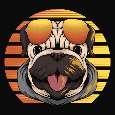 şirket veya marka için pug köpek retro günbatımı vektör illüstrasyon