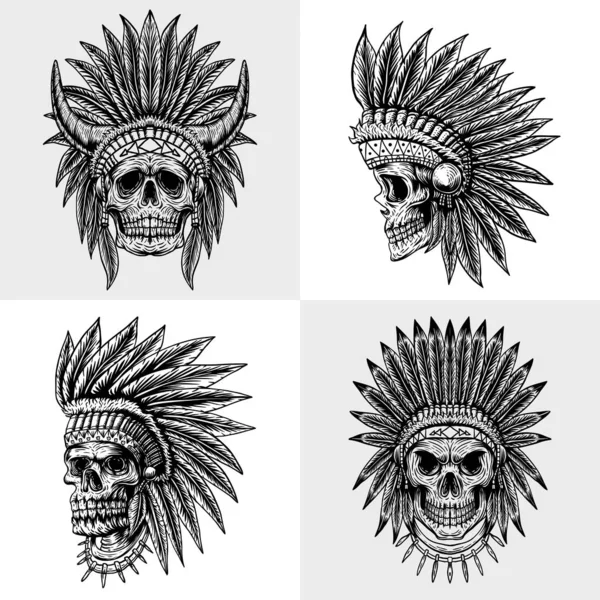 Set Skull Indian Collection Vector Illustration Your Company Brand — Stock Vector