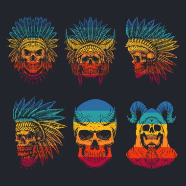 Şirketiniz veya markanız için kafatası başı koleksiyonu retro vektör çizimi