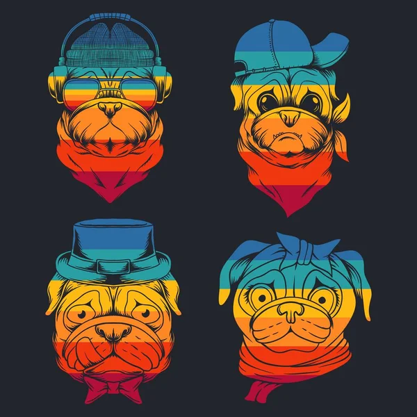 Pug Dog Head Collection Retro Vector Illustration Para Sua Empresa — Vetor de Stock