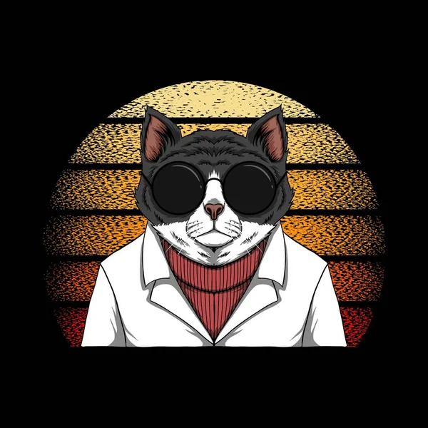 Cat Fashion Sunset Retro Vector Illustratie Voor Bedrijf Merk — Stockvector