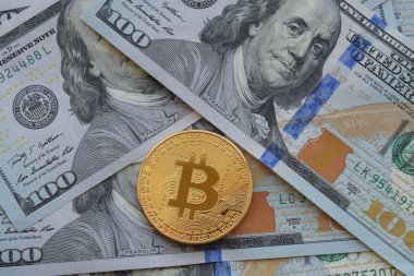 Amerikan dolarlarında altın Bitcoinler. Dijital para birimi yakın plan. Yeni sanal para. Şifreli para birimi üst görünümü. 100 dolarlık banknotlarda gerçek bitcoin paraları. Değişim. İşçilik, ticaret..