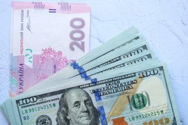 Amerikan yüz dolarlık banknot ve Ukraynaca 200 hryvnia, para arka plan, ABD hryvnia kavramı Doları