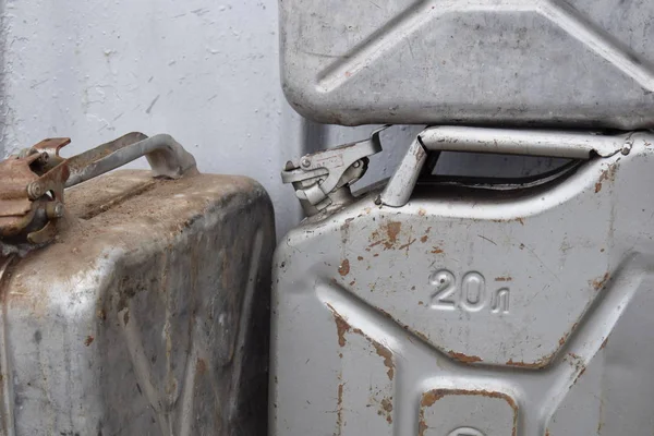 Three Gray Cans Gasoline Petrol Diesel — Stock Photo, Image