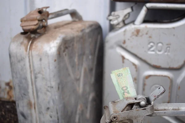 Metal Barrel Ukrainian Money Concept Cost Gasoline Diesel Gas Refilling — Stock Photo, Image