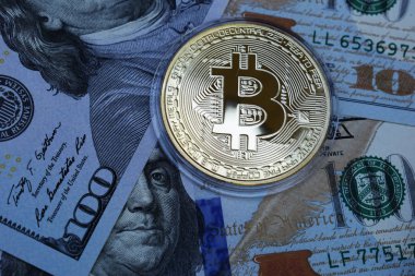 Amerikan doları altın Bitcoin. Dijital para birimi.