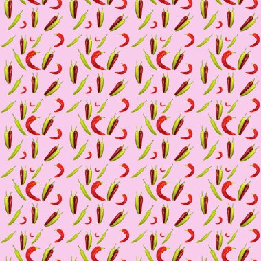 Pembe arka plan üzerinde Dikişsiz desen kırmızı ve yeşil biber. Tasarım, Sarma Kağıt, Web, Duvar Kağıdı, Kumaş için İllüstrasyon