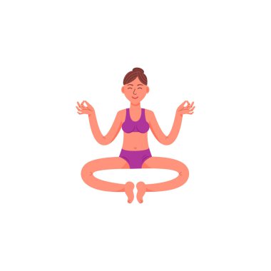 Kız lotus pozisyonda oturuyor. Genç bir kız meditasyon poz oturuyor. Vektör çizim.
