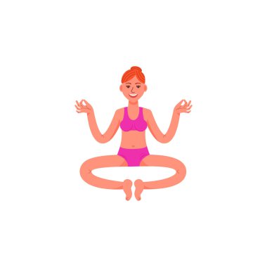 Kız lotus pozisyonda oturuyor. Genç bir kız meditasyon poz oturuyor. Vektör çizim.