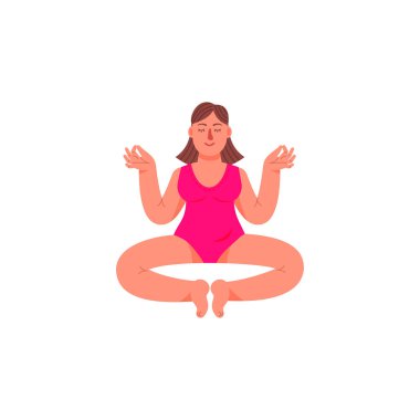 Bir artı-size kadın bir lotus pozisyonda oturuyor. Bir artı boyutlu kadın meditatif bir duruş oturur. Vektör çizim karikatür tarzı.