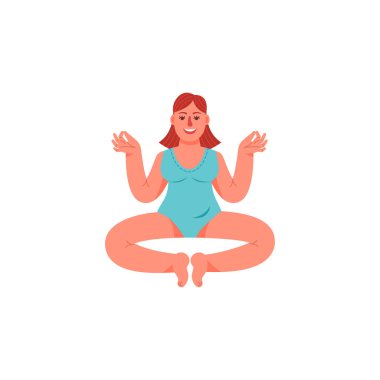 Bir artı-size kadın bir lotus pozisyonda oturuyor. Bir artı boyutlu kadın meditatif bir duruş oturur. Vektör çizim karikatür tarzı.