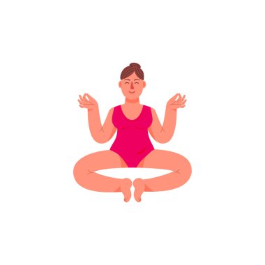 Bir artı-size kadın bir lotus pozisyonda oturuyor. Bir artı boyutlu kadın meditatif bir duruş oturur. Vektör çizim karikatür tarzı.