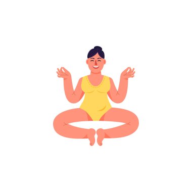 Bir artı-size kadın bir lotus pozisyonda oturuyor. Bir artı boyutlu kadın meditatif bir duruş oturur. Vektör çizim karikatür tarzı.