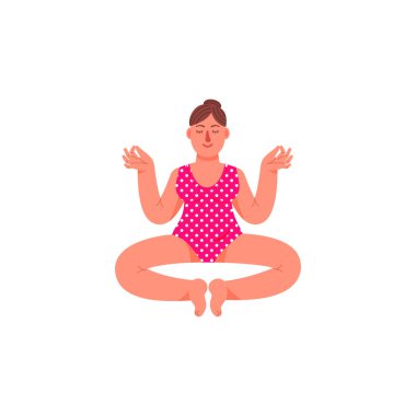 Bir artı-size kadın bir lotus pozisyonda oturuyor. Bir artı boyutlu kadın meditatif bir duruş oturur. Vektör çizim karikatür tarzı.